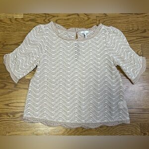 JOIE Silk Eyelet‎ Lace Ruched Short Sleeve Blouse Frayed Trim 100% Silk